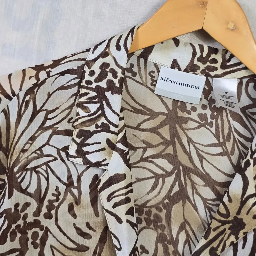 Alfred Dunner Cream and Brown Leaf Print Blouse Size 18